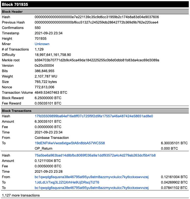 Image Explaining Reading a Block Explorer: Block 701935